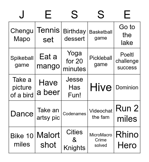 Jesse Turns 30 Bingo Card