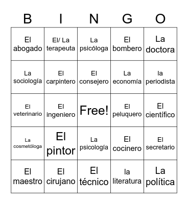 Vamos a la Prepa/ Las Profesiones Bingo Card