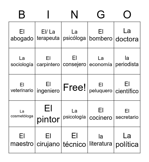 Vamos a la Prepa/ Las Profesiones Bingo Card