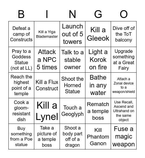 Totk Bingo (no warping) Bingo Card