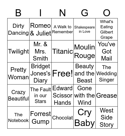Romantic Movie Bingo! Bingo Card