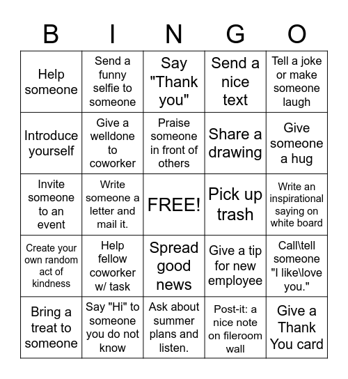 Pay it Forward Bingo Card