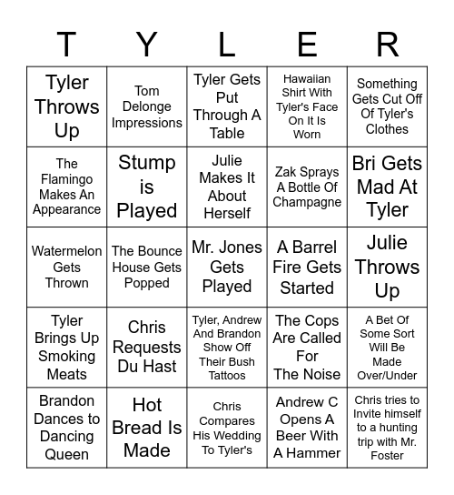 Tylers Wedding Bingo Card