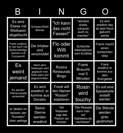 Rosins Restaurant Bingo Card