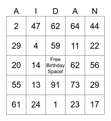 Aidan's 8th Birthday Bingo Card