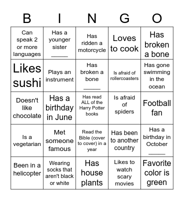 Human Scavenger Hunt Bingo Card