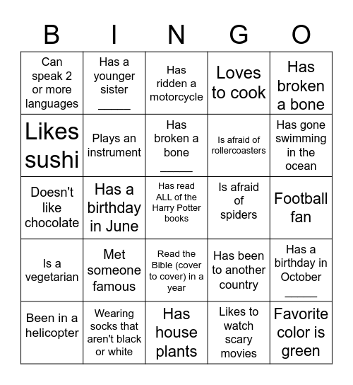 Human Scavenger Hunt Bingo Card