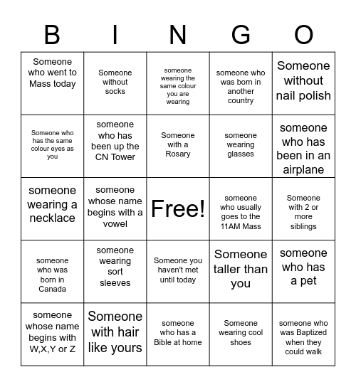 Confirmation Retreat Mingle; Bingo Card