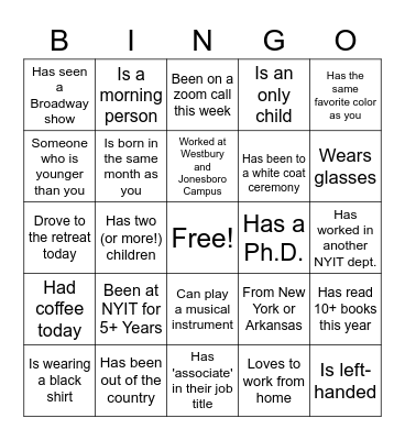 NYITCOM Admin Staff Retreat Bingo Card