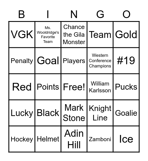 Golden Knights Bingo Card