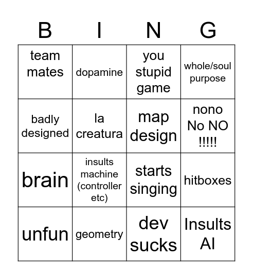 Jason Gamer Rage Bingo Card