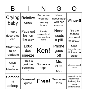 Jadyn’s Graduation Bingo Card