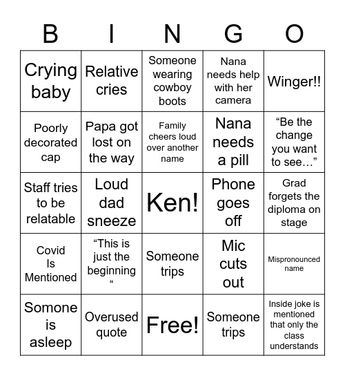 Jadyn’s Graduation Bingo Card