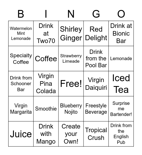 Beverage Bingo Card