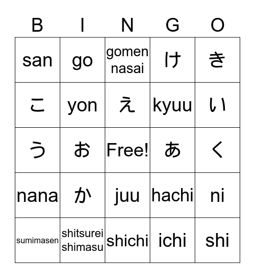 Japanese Practice Week 4 Bingo Card
