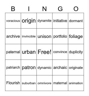 Vocabulary Bingo Card