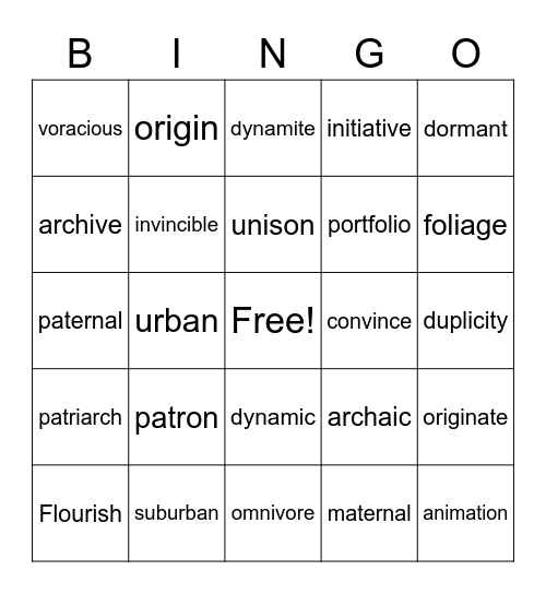 Vocabulary Bingo Card