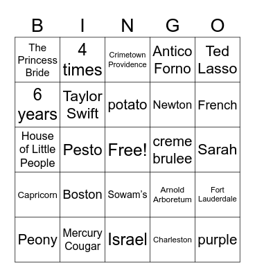 Rachel Bingo Card