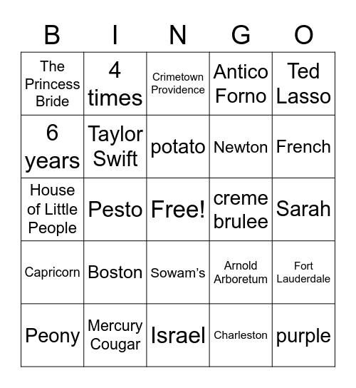 Rachel Bingo Card