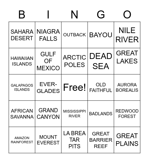 NATURAL ENVIRONMENTS Bingo Card