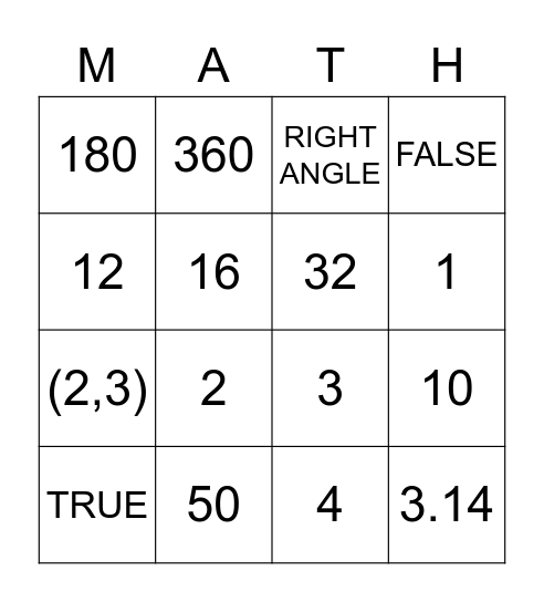 Math Bingo Card