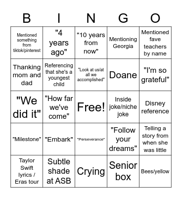 Savannah's Speech Bingo Card