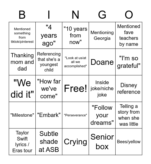 Savannah's Speech Bingo Card