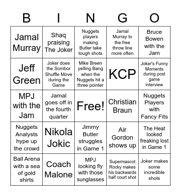 Nuggets NBA Finals 2023 Bingo Card