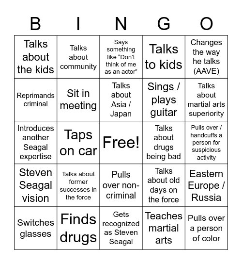 Steven Seagal: Lawman Bingo Card