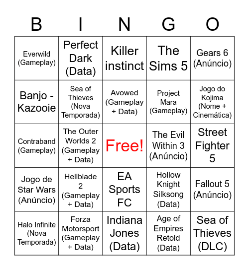 Xbox Game Showcase Bingo Card