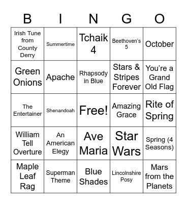 Band/Orchestra Songs Bingo Card