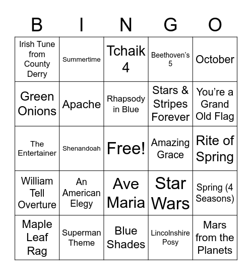 Band/Orchestra Songs Bingo Card