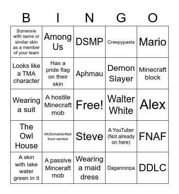 Minecraft Skin Bingo! Bingo Card