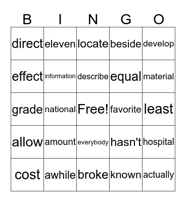 L$ High Frequency Words Bingo Card