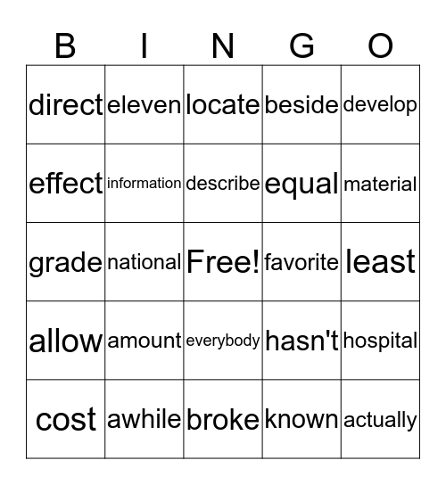 L$ High Frequency Words Bingo Card