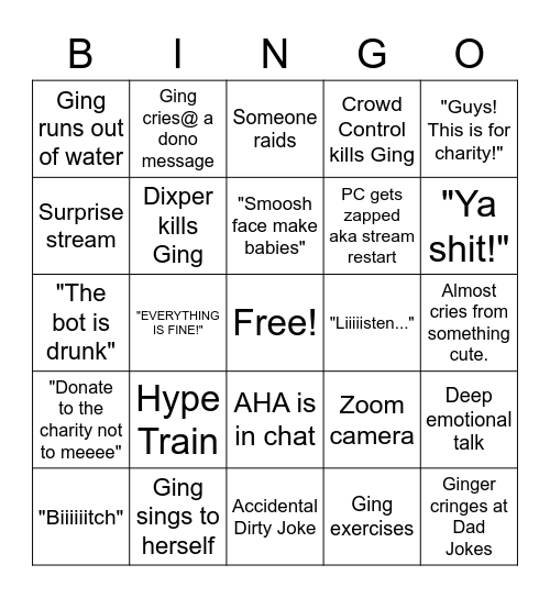 Ginger's Charity Bingo Board..... Bingo Card