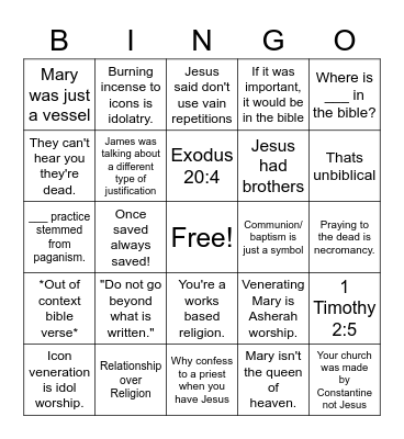 Protestant Argument bingo Card