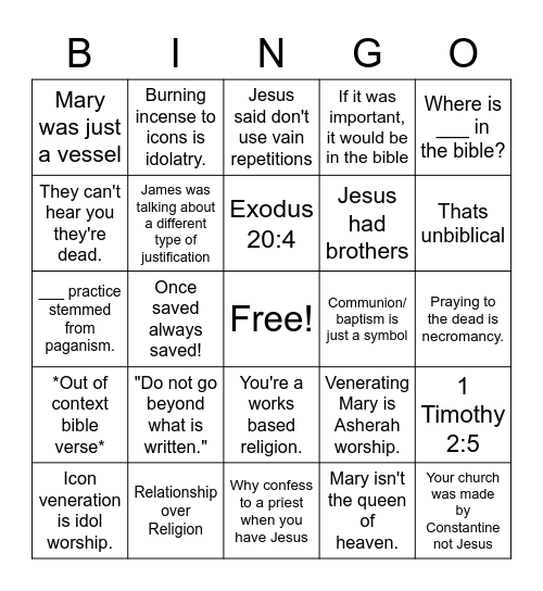 Protestant Argument bingo Card