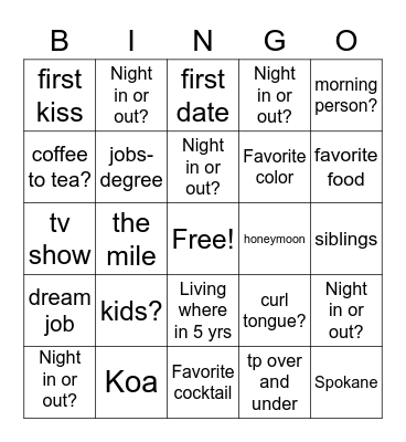 CAMERON'S BRIDAL BINGO! Bingo Card