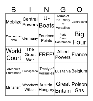 World War 1 Bingo Card