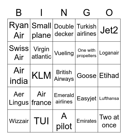 Plane Spotting Bingo Card