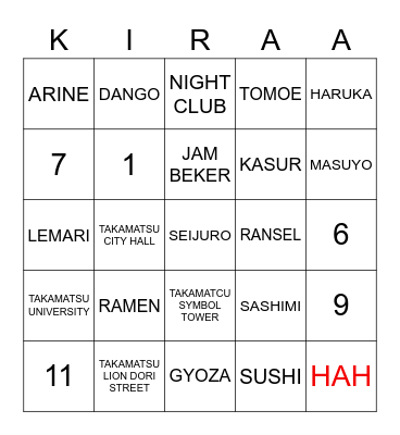 KIRAA Bingo Card