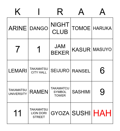 KIRAA Bingo Card