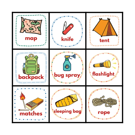 What do we need for camping? Bingo Card