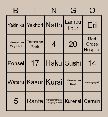 BING-OH Bingo Card