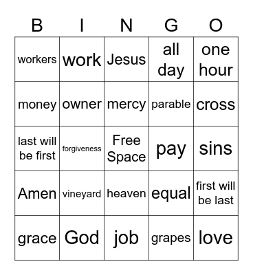 The Vineyard Workers Parable Bingo Card
