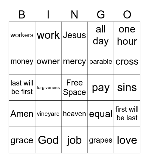 The Vineyard Workers Parable Bingo Card