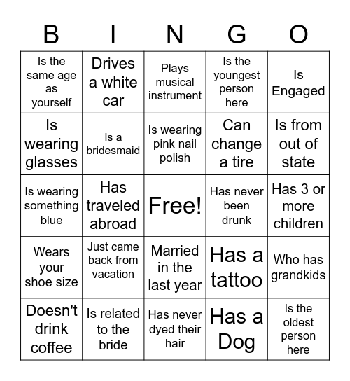 LAURA'S BRIDAL SHOWER-Find the guest who..... Bingo Card