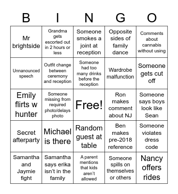 Family Catastrophe Bingo Card