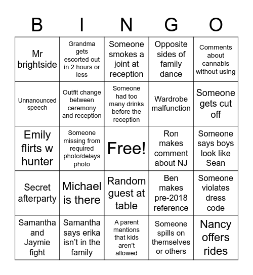 Family Catastrophe Bingo Card